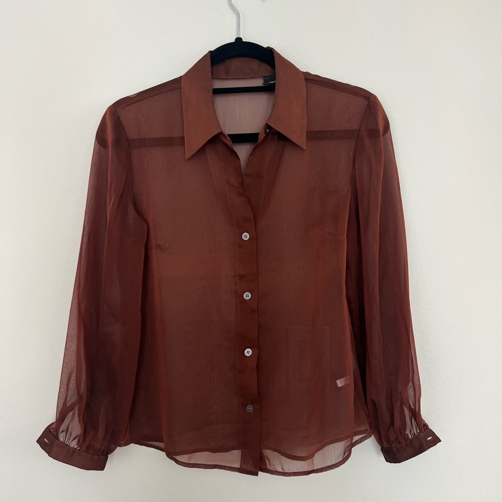 Vintage Sheer Orangey Brown Long Sleeve Button Up Shirt